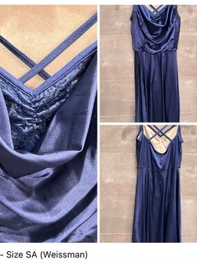 Weissman Deep Blue Satin Cowl Neck Gown with Sequin Detail
